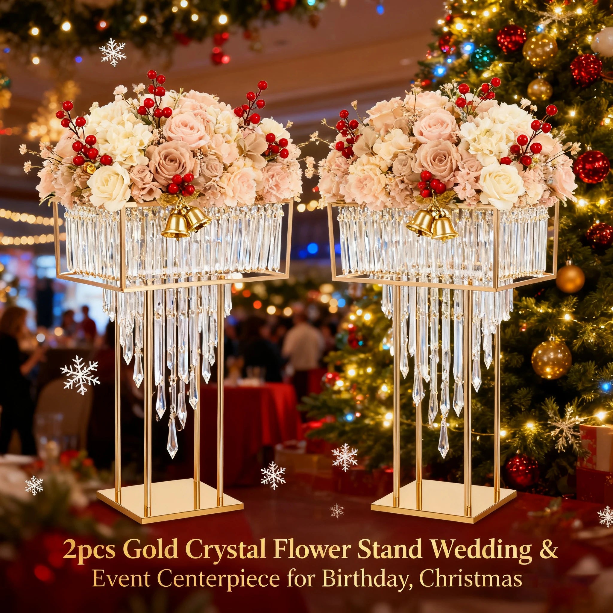 2pcs Tall Golden DIY Iron Frame Crystal Flower Stand for Wedding Centerpiece Luxury Event Sturdy Base Anti-tip Crystal Flower Display Rack Floor Tabletop Flower Holder Banquet Birthday Party Valentine's Day Floral Decor